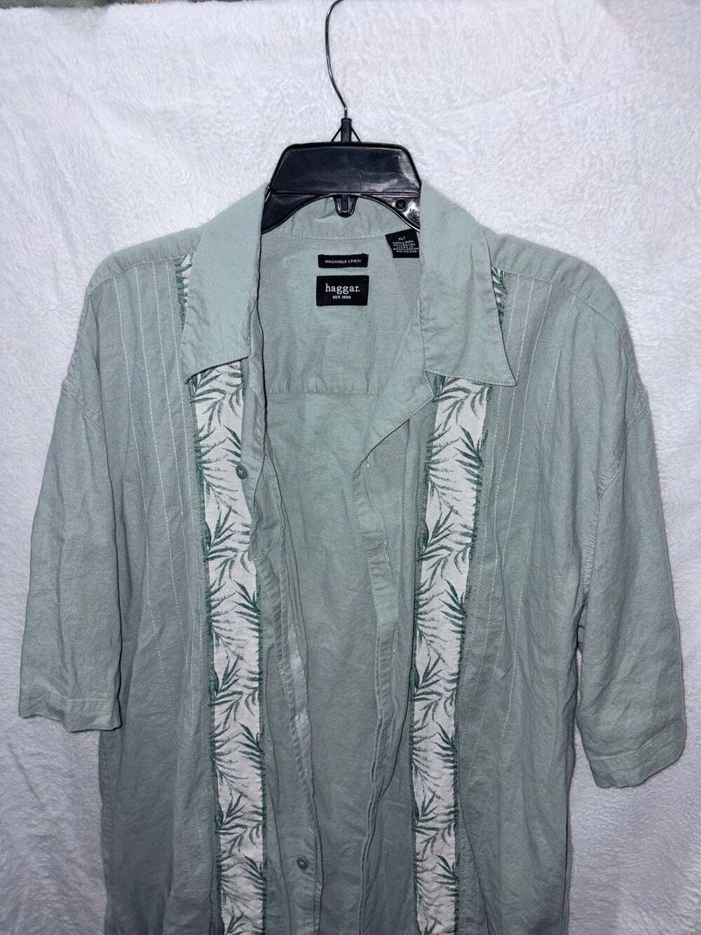 Haggar Short Sleeve Shirt Size XLT Green Tropical Leaf Panel Linen Blend